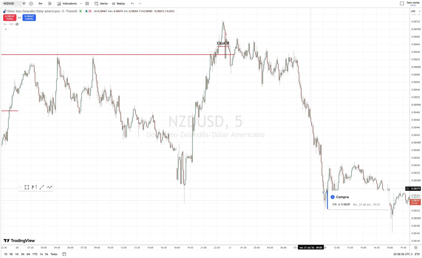 Gráfico NZDUSD 5 minutos — o ciclo completo: captura no topo, queda da madrugada e encerramento na manhã seguinte